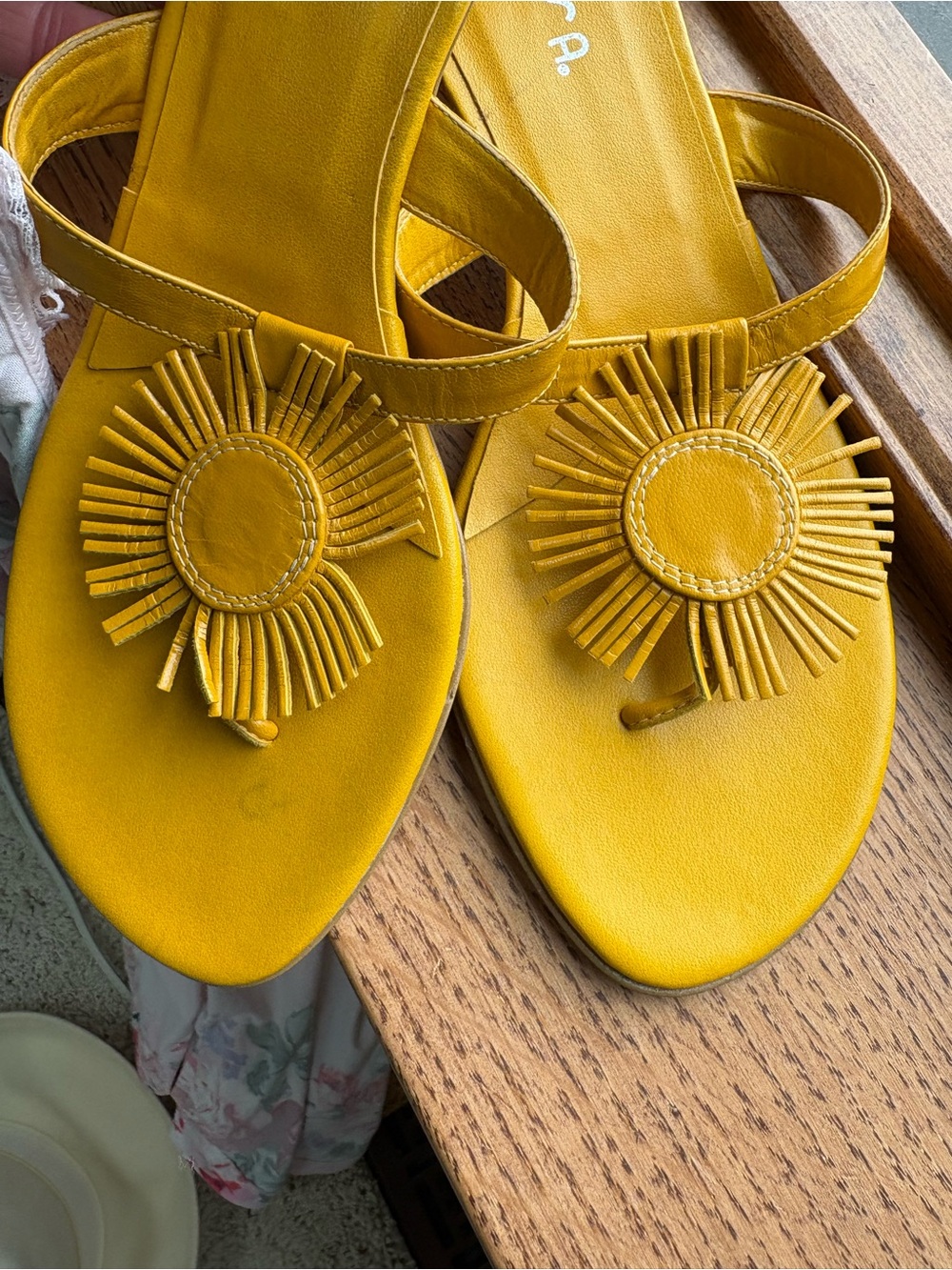 Unisa Mustard Yellow Leather Fringe Sunburst Thong Sandals - Picture 6 of 9
